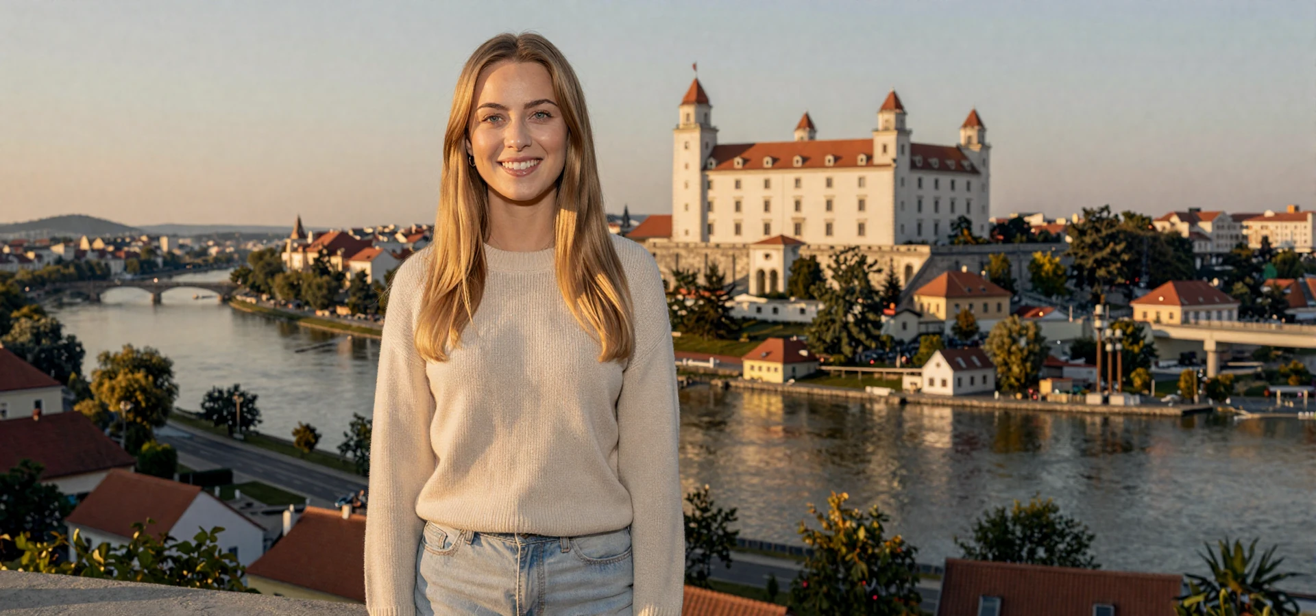 Beautiful Slovakian woman with warm smile overlooking Bratislava and the Danube - meet verified Slovakian singles on Beautiful Brides