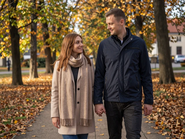 Couple walking through an autumn park in Wroclaw - Polish dating culture values romantic gestures and chivalry