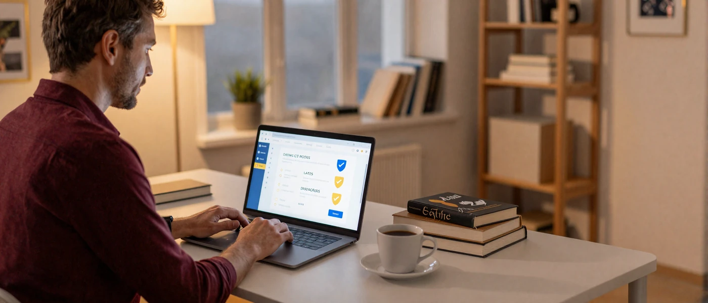 Man safely browsing a verified online dating site on his laptop in a warm home office setting