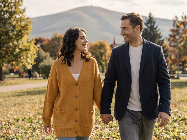 Couple walking through a park in Sofia with Vitosha Mountain in background - Bulgarian dating culture values genuine connection and outdoor romance