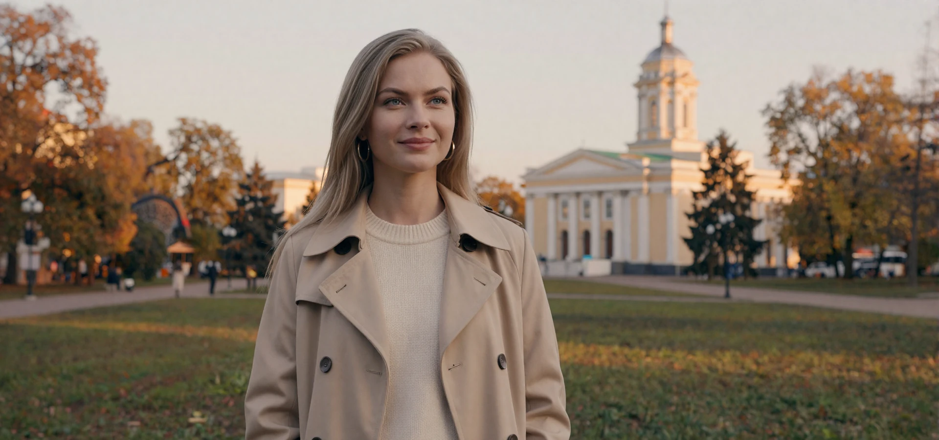 Beautiful Belarusian woman smiling in a park in Minsk with neoclassical architecture - meet verified Belarusian singles on Beautiful Brides