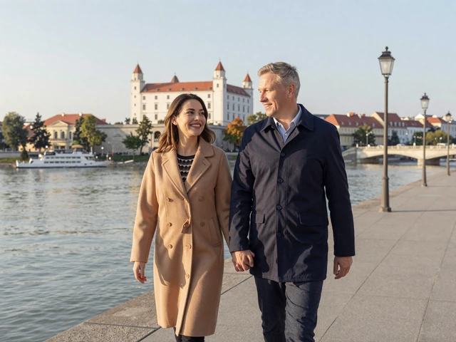 Couple walking along the Danube promenade in Bratislava - Slovakian dating culture values genuine connection and outdoor romance