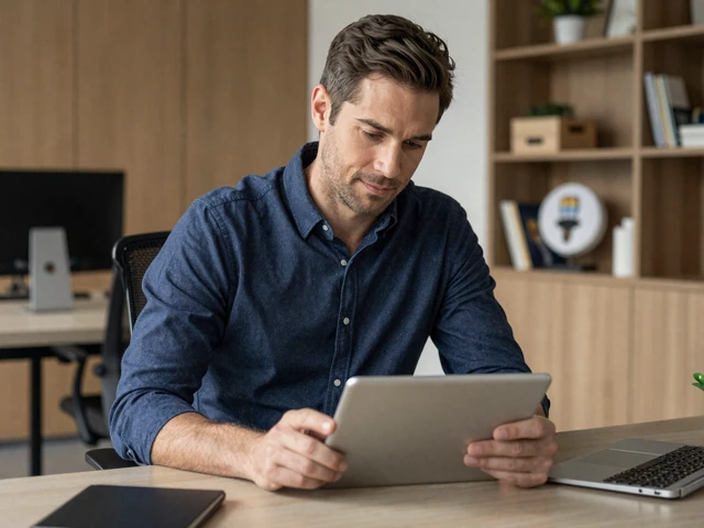 Man thoughtfully reviewing dating app profiles on a tablet searching for a serious relationship