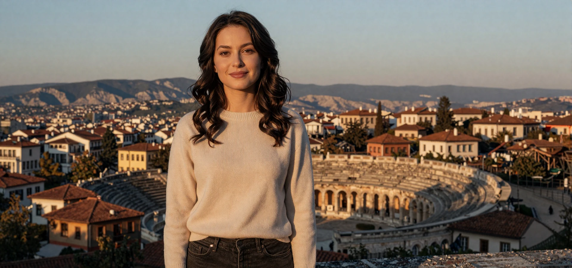 Beautiful Bulgarian woman smiling at an overlook of Plovdiv Old Town - meet verified Bulgarian singles on Beautiful Brides