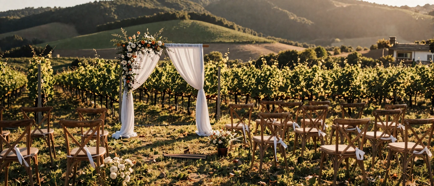 Outdoor wedding ceremony arch decorated with wildflowers in an Eastern European vineyard at golden hour representing Slavic wedding traditions