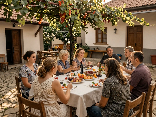 Moldovan family gathered around an outdoor table with traditional food and wine - family values are central to Moldovan dating culture