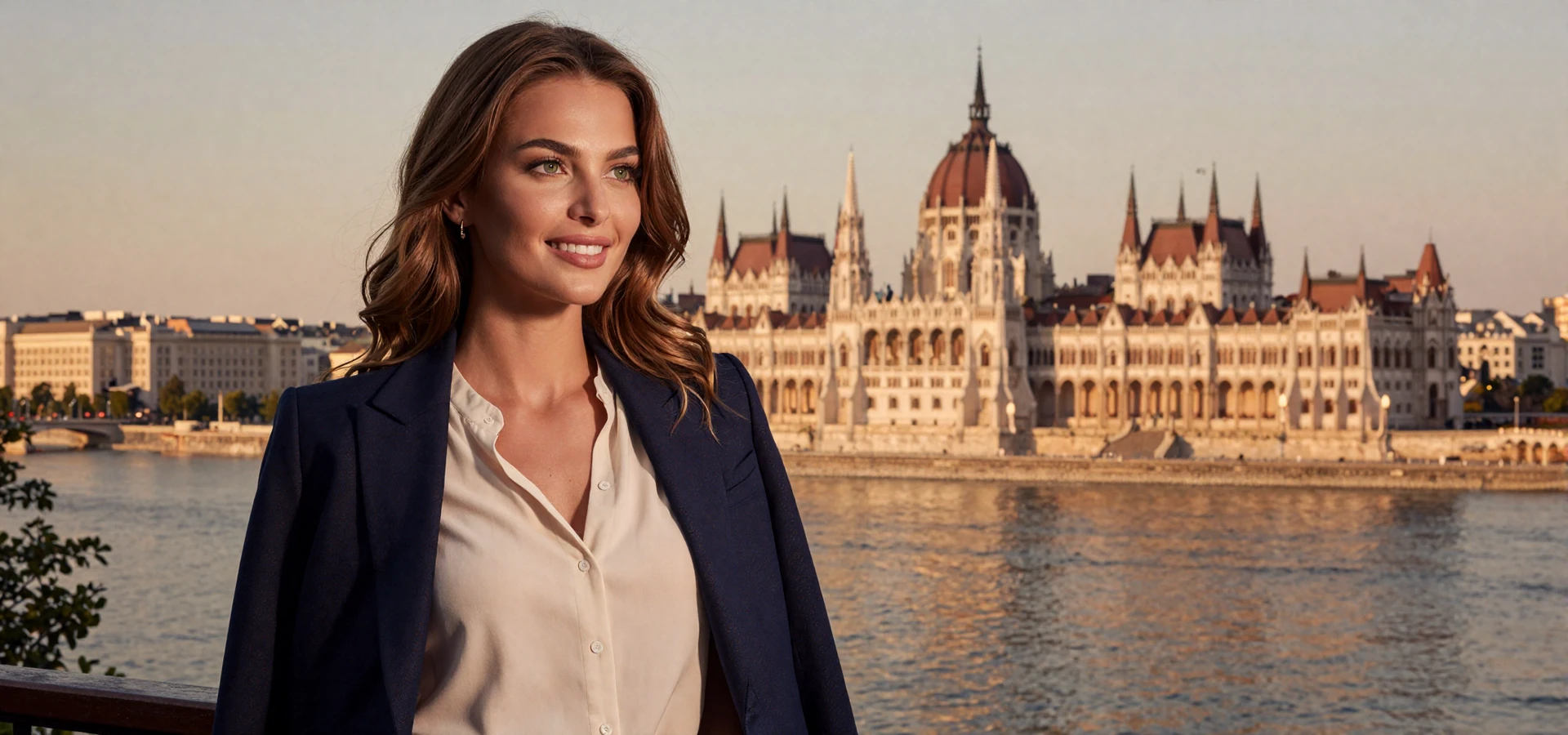 Beautiful Hungarian woman smiling on a terrace overlooking the Danube and Budapest Parliament at golden hour - meet verified Hungarian singles on Beautiful Brides