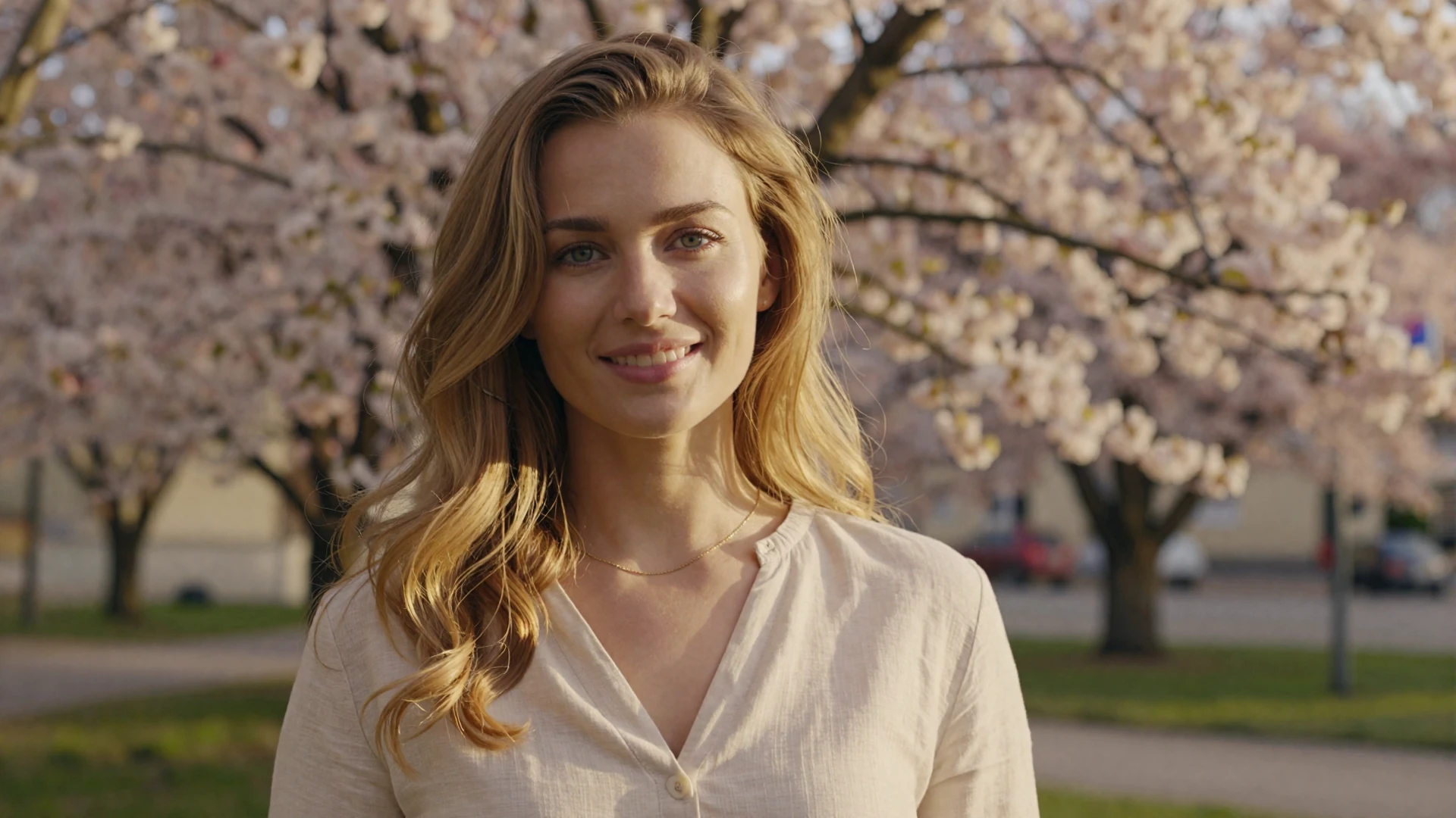 Beautiful Slavic woman smiling in a sunlit European park - meet verified Slavic singles on Beautiful Brides