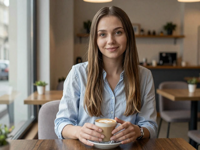 Young Ukrainian woman smiling confidently at a cafe representing Slavic women interested in meeting American men
