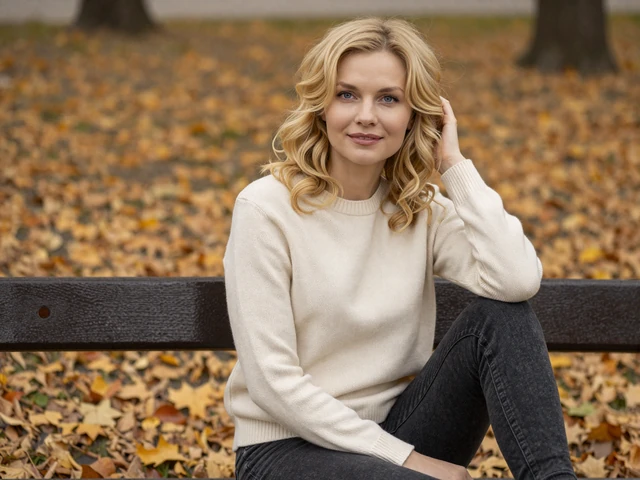 Slavic woman sitting in an autumn park representing the ideal partner qualities of Eastern European women