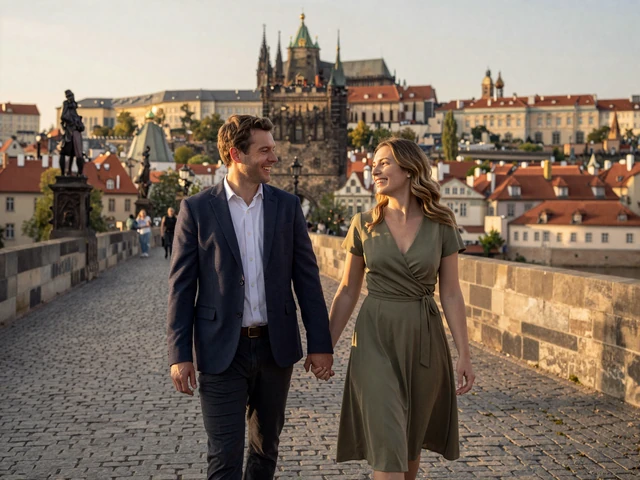 Couple walking along Charles Bridge in Prague at sunset - Czech dating culture values genuine connection and intellectual rapport