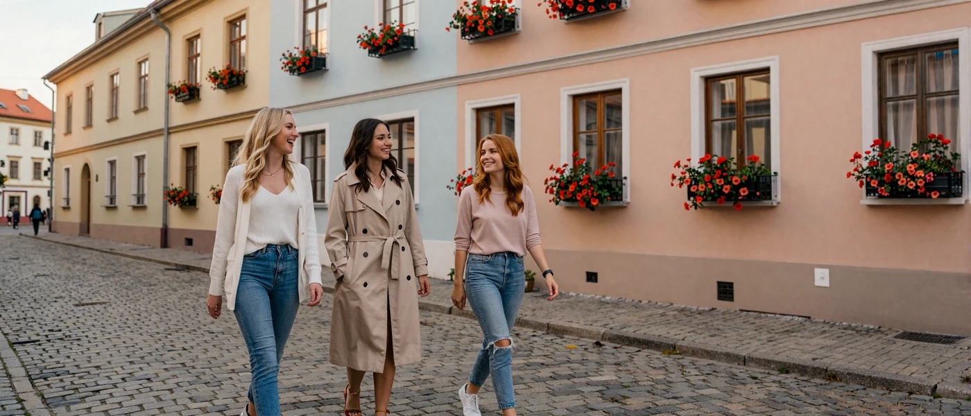 Three Slavic women with diverse features walking on a European street showcasing natural beauty and elegance