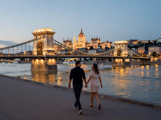Couple walking along the Danube in Budapest at dusk with Chain Bridge illuminated - Hungarian dating culture values romance and genuine connection