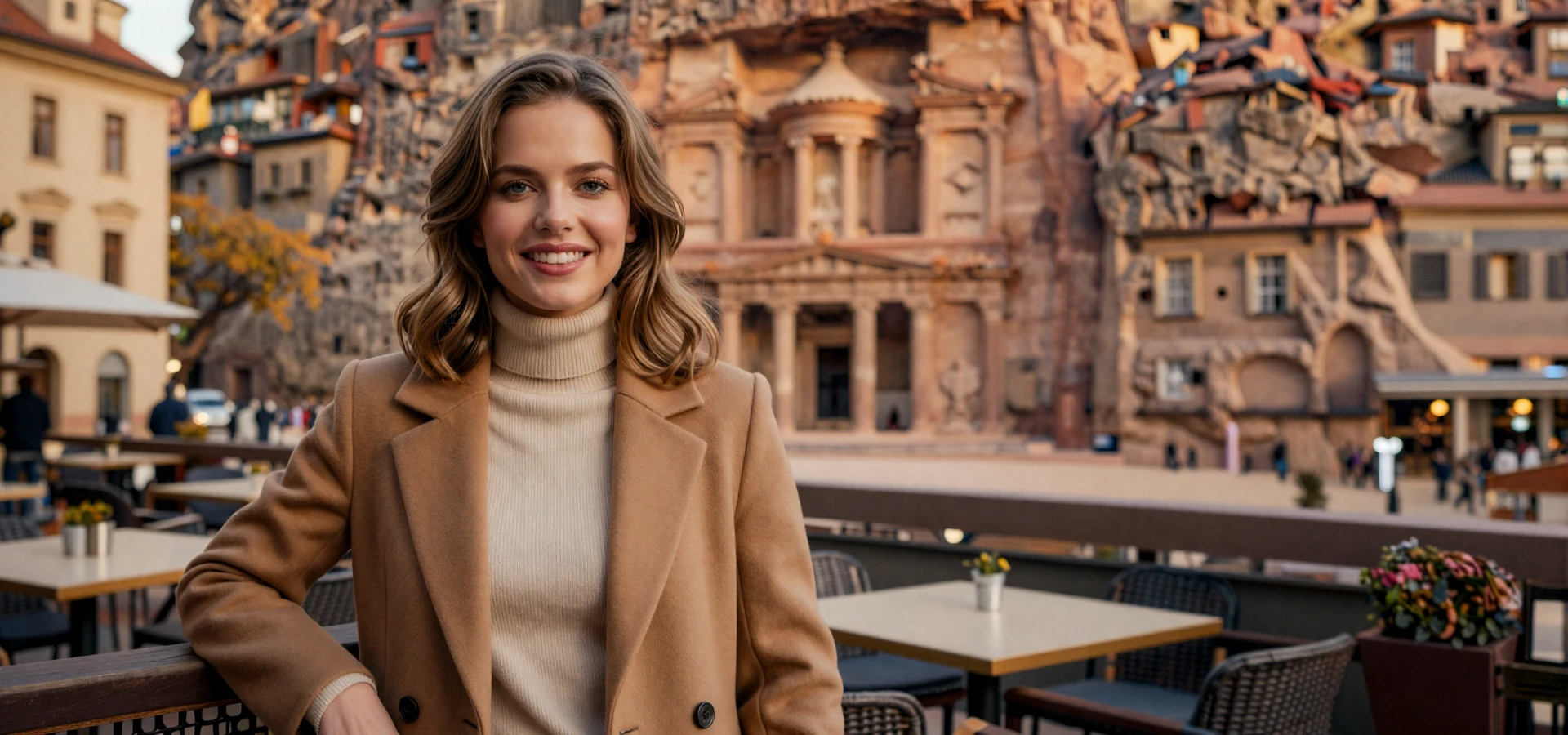 Elegant Czech woman smiling at a cafe terrace overlooking Prague Old Town - meet verified Czech singles on Beautiful Brides