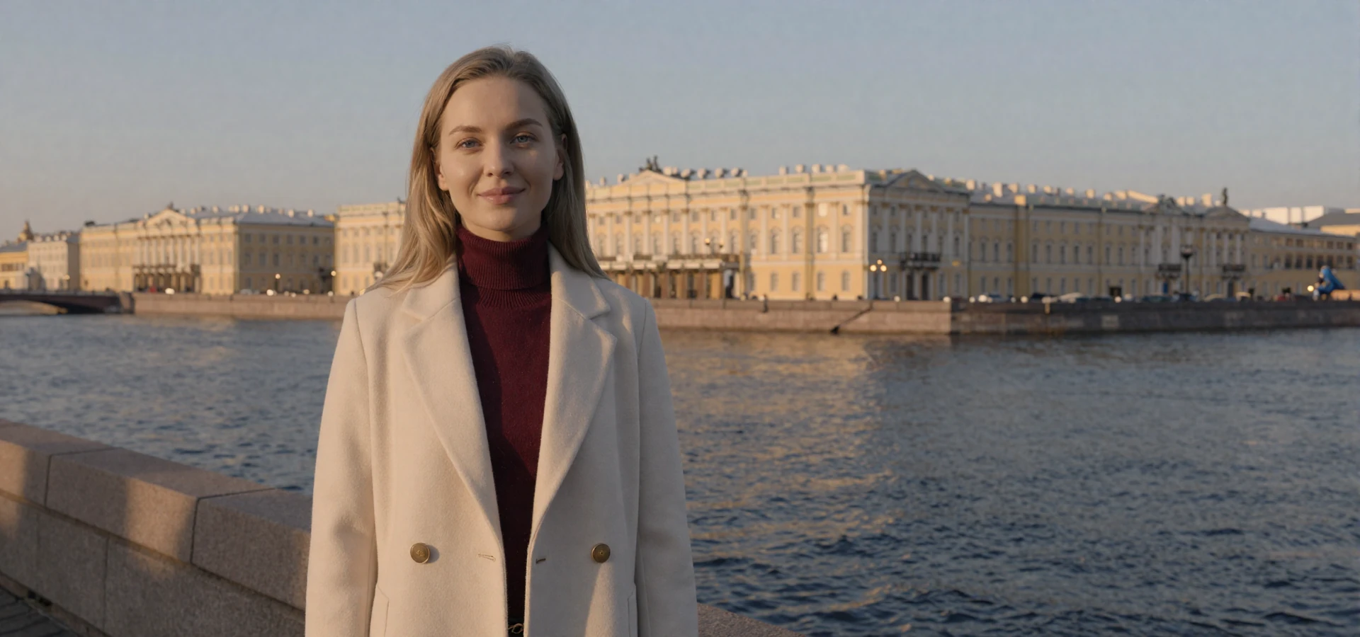 Beautiful Russian woman smiling on a Saint Petersburg embankment - meet verified Russian singles on Beautiful Brides