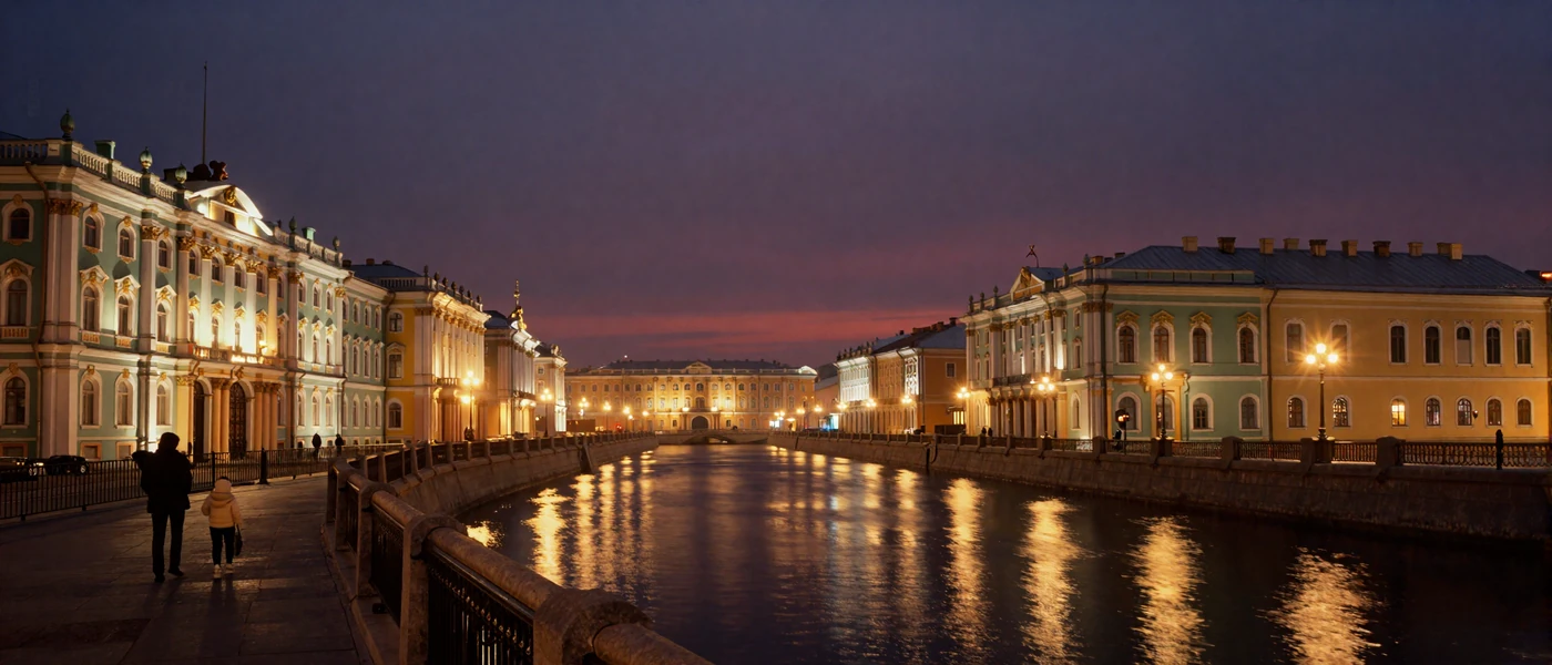 Romantic evening view of Saint Petersburg canal with golden lights reflecting on water showcasing the setting of Russian dating culture