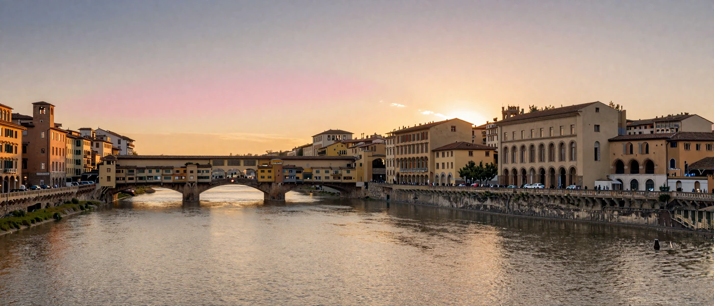 Sunset over a European river bridge symbolizing the romantic connection between foreign women and American men