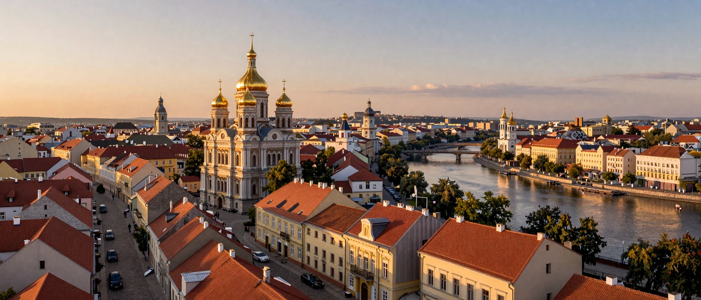 Panoramic view of a beautiful Eastern European city at sunset showcasing the romantic destinations where men find loyal wives