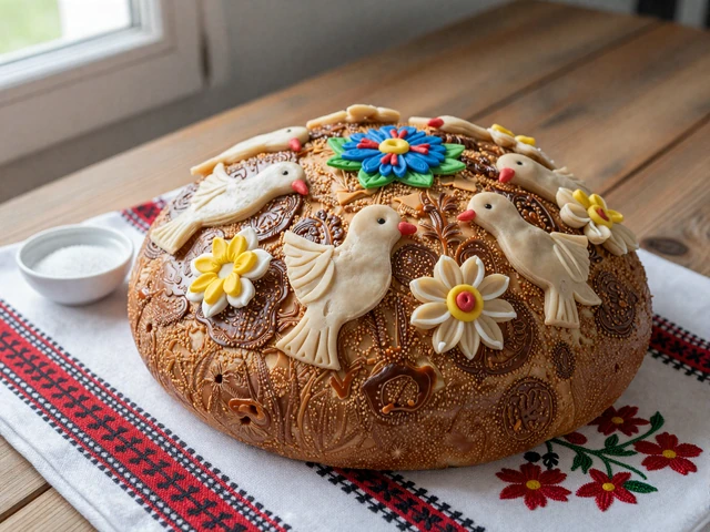 Traditional Slavic korovai wedding bread decorated with dough ornaments on embroidered towel representing ancient wedding customs
