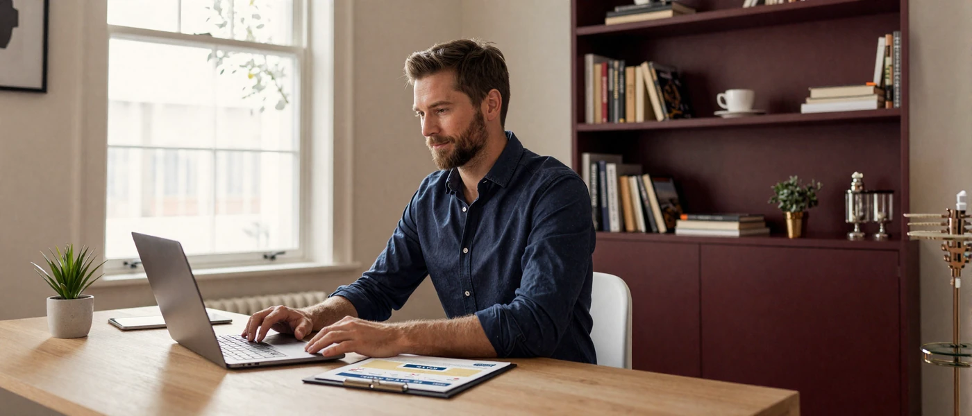 Man creating a dating profile on his laptop in a warm home office setting for international Slavic dating