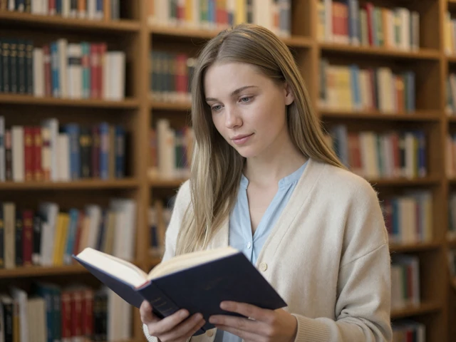 Russian woman reading in a cozy Moscow library - Russian singles value education and intellectual conversation