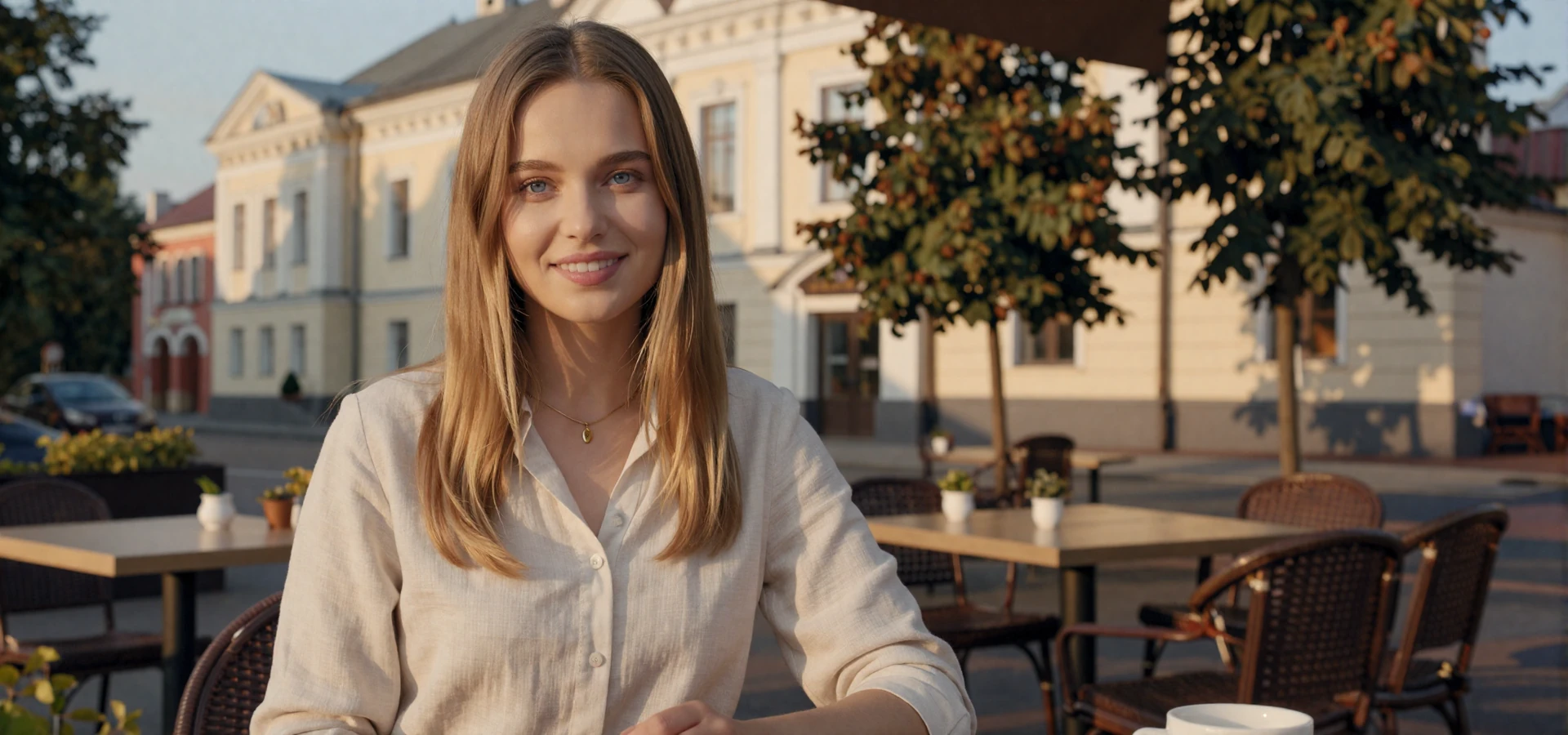 Beautiful Ukrainian woman smiling at a Kyiv café - meet verified Ukrainian singles on Beautiful Brides