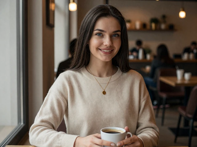 Russian woman in an elegant sweater enjoying coffee at a Moscow cafe representing Russian dating culture warmth