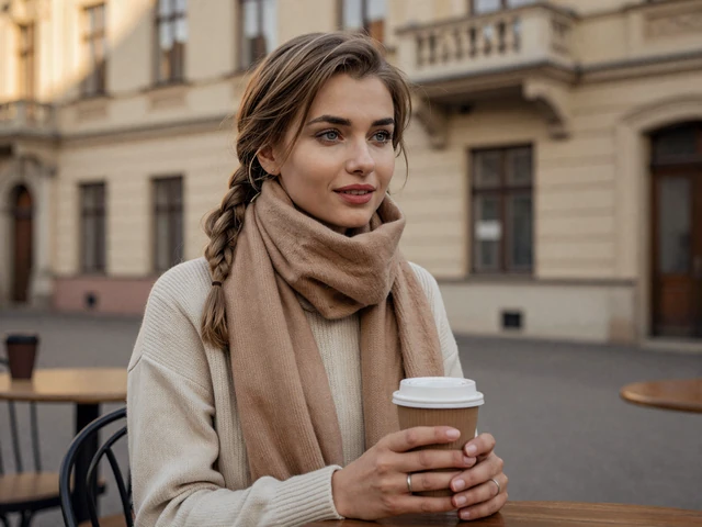 Eastern European woman enjoying coffee at an outdoor cafe representing the warm social culture of Slavic dating