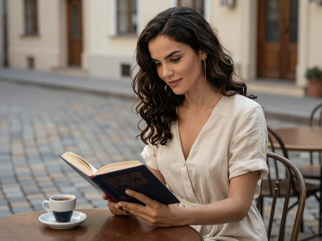 Romanian woman reading at an outdoor cafe in Bucharest - Romanian singles value culture and intellectual connection
