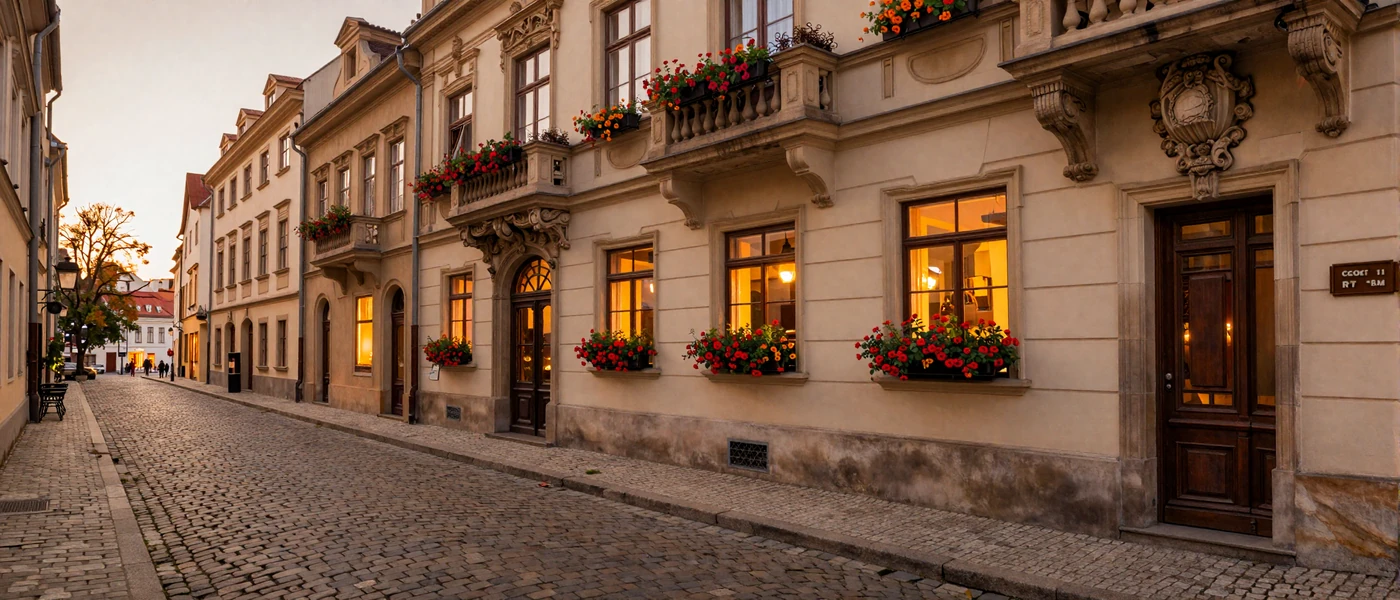 Romantic Eastern European cobblestone street at golden hour with warm cafe lights showcasing the charm of Eastern European dating culture