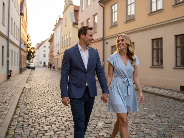 Western man and Slavic woman walking together on a European cobblestone street during their first in-person meeting